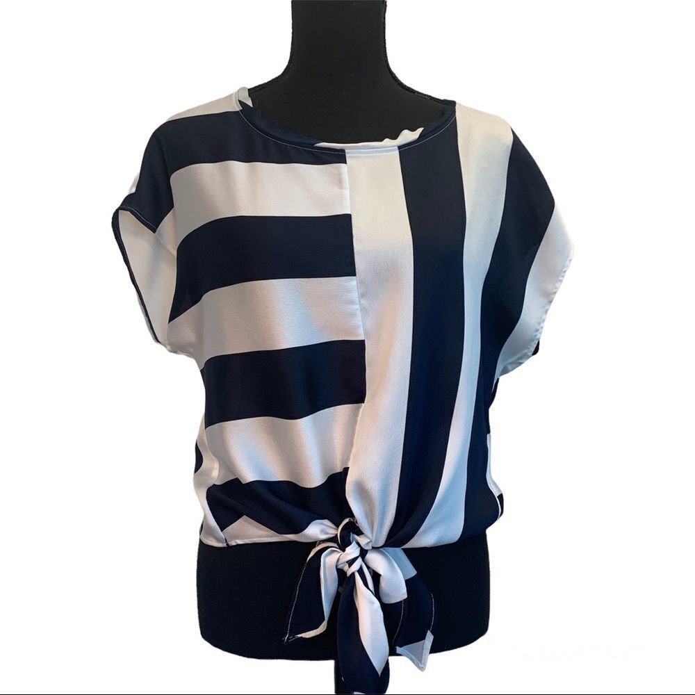 Banana republic short sleeve navy blue white striped front tie blouse Sz XS🇨🇦